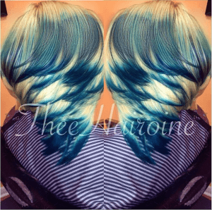 Custom colored sew in bob with green, blue on top and grey and platinum underneath