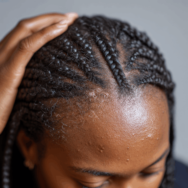 Black woman with braids showing a damaged scalp
