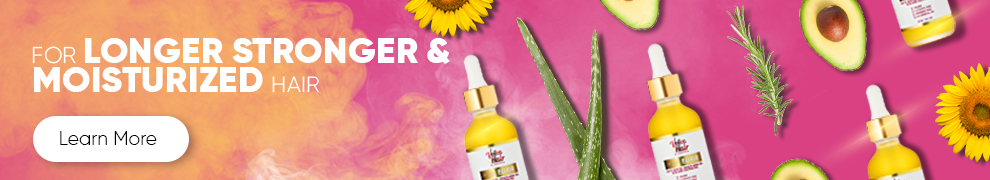 Website banner to promote with pink and orange sunset color background to provide more detail about the VoiceOfHair Elixir