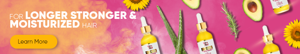 Website banner to promote with pink and orange sunset color background to provide more detail about the VoiceOfHair Elixir