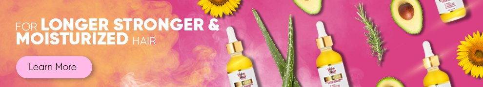 Website banner to promote with pink and orange sunset color background to provide more detail about the VoiceOfHair Elixir